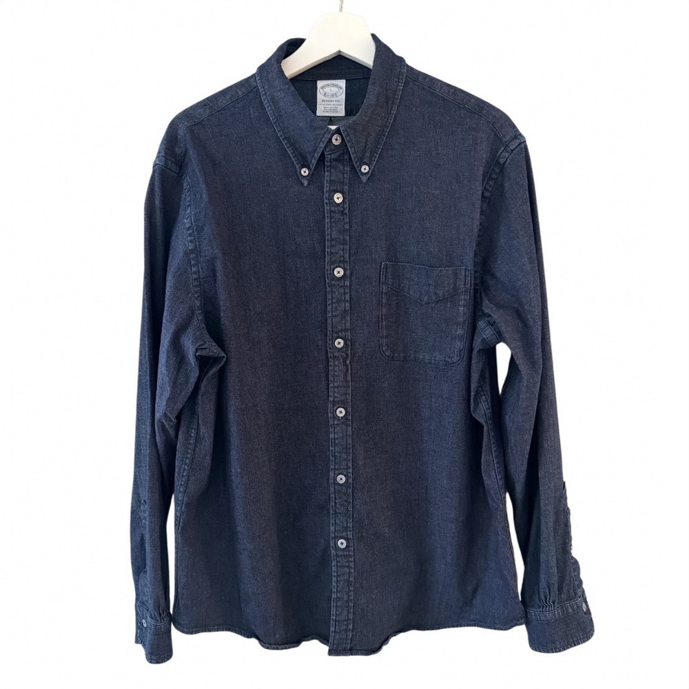 Brooks Brothers Mens Regent Fit Dark Indigo Denim Pique Button Down Shirt Large